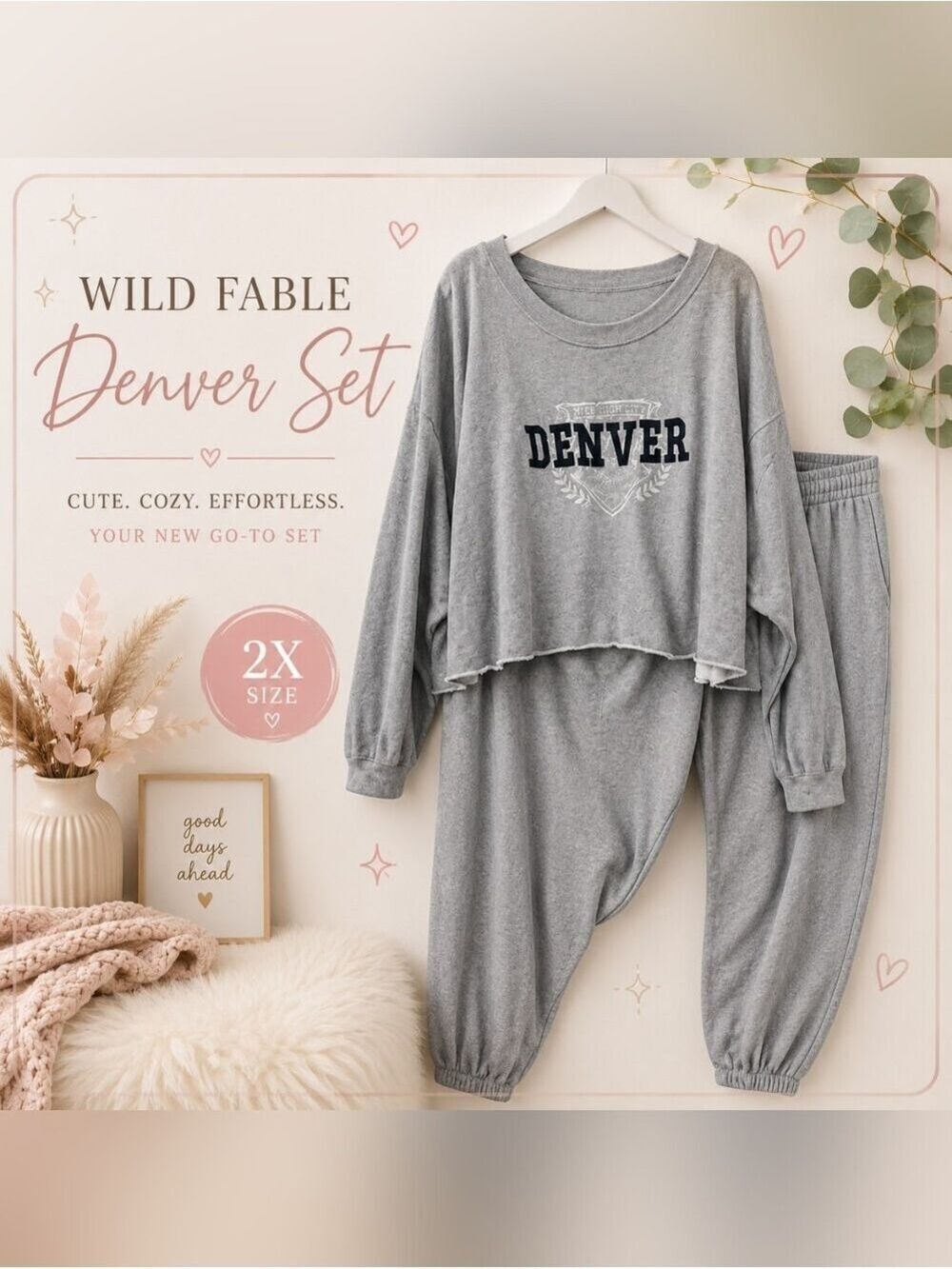 Wild Fable Gray Denver Cropped Sweatshirt Sweatpants Set Size 2X
